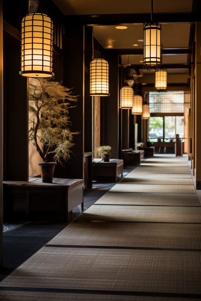 日本の伝統的な旅館の廊下。畳敷きと灯籠が醸し出す静かな贅沢。Traditional Japanese Ryokan corridor with soft lighting and tatami.